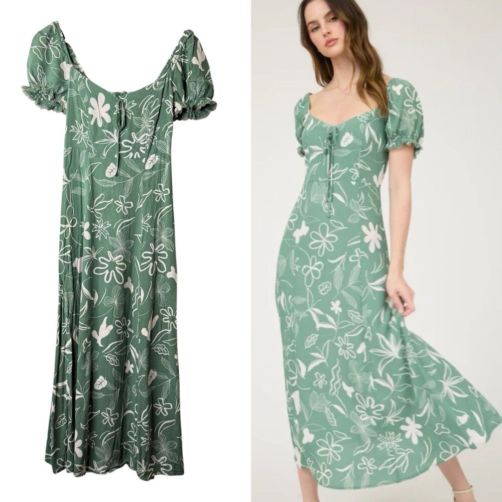 The Workshop Floral Milkmaid Midi Dress Smocked Lace Puff Sleeve Cottagecore S